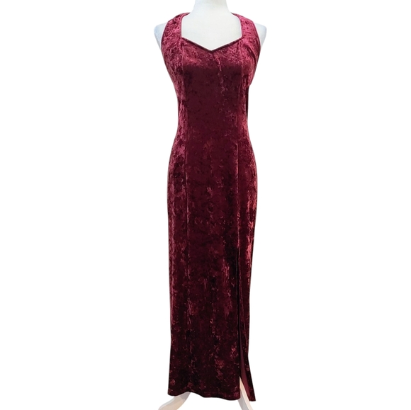 Luly K Dresses & Skirts - Vintage Crushed Velvet‎ Halter Midi Dress Burgundy Red Formal Holiday Size M
